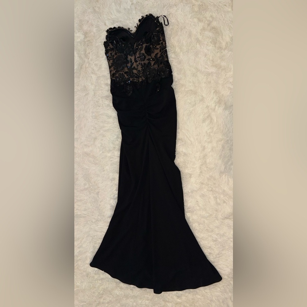 NWOT Tadashi Shoji Dresden Draped Sequin Embroidered Strapless Black Gown Sz 4 - Picture 7 of 9